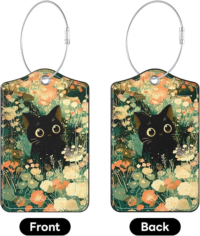 2 Pack PU Leather Luggage Tags for Suitcases, Privacy Protection Cover with Stainless Steel Loop and Address Card, Travel Cruise Essentials (Flower Cat)