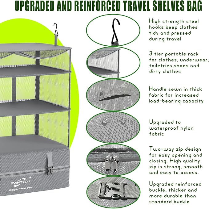Compressible Packing Cubes Portable Hanging Closet Shelves 17"x12"x24" Extendable Travel Organizer Nylon Packing Bags for Suitcase