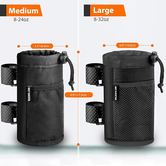Belinous Bike Cup Holder for 8-24oz Bottles, Scooter Water Bottle Holder for Walker Wheelchair UTV Golf Cart and Boat, e-Bike Drink Holder with Net Pockets and Hook and Loop Straps