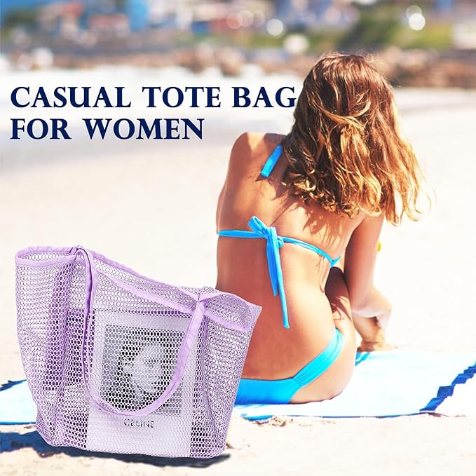 Fammart Mesh Beach Bag, Large Beach Tote with Zipper Pocket, Toys Pool Bag for Family Travel Vacation Cruise Essentials