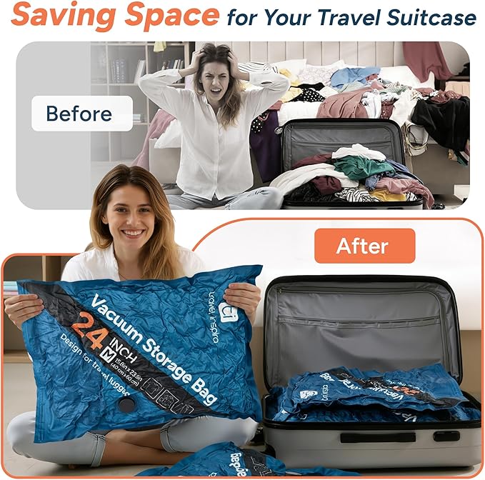 2026 Upgraded Vacuum Travel Bags Oxford Cloth Compression Packing Bags with Privacy Protection Space Saver for Luggage Suitcase Reusable Travel Essentials for Clothes Pillows (S/M/L)