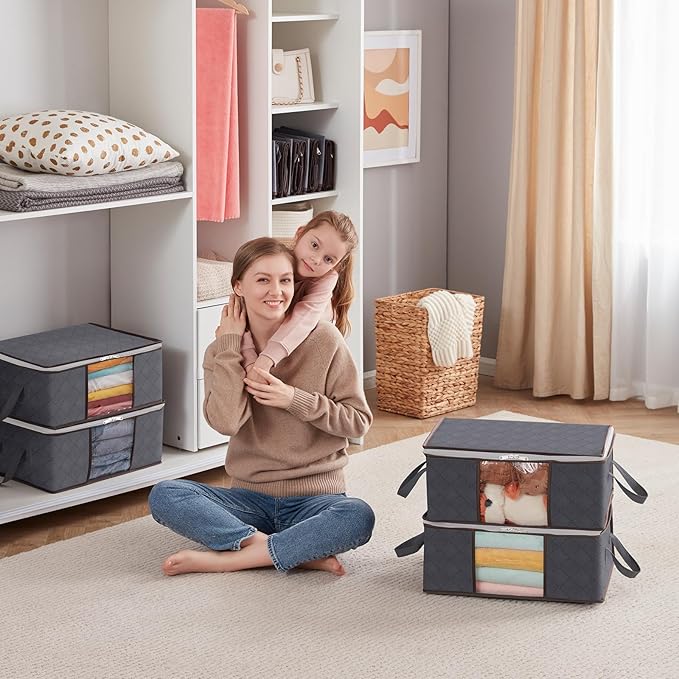 Lifewit 3 Pack 35L Clothes Storage Bins with Lids, Foldable Blanket Storage Bags with Zippers, Clear Window and Reinforced Handles, Closet and Organization for Clothing, Sweater, Comforter, Bedding