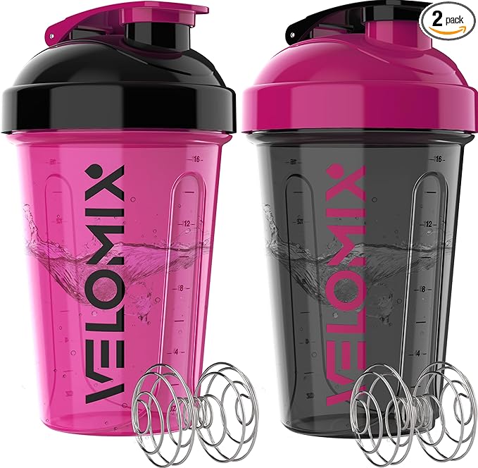 VELOMIX -2 Pack- 20 oz Protein Shaker Bottles for Protein Mixes - 2x Wire Whisk | Leak Proof Shaker Cups for Protein Shakes and Pre Workout | Protein Shaker Bottle Pack (A6) Black/Pink