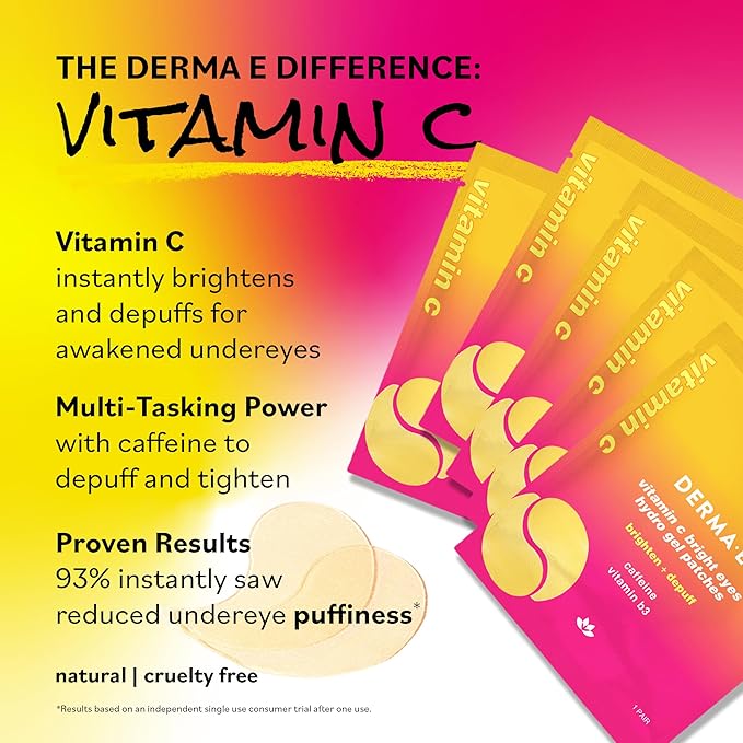 Derma E Vitamin C Bright Eyes Hydro Gel Under Eye Patches for Dark Circles (10 Ct, 5 Pairs) Allantoin, Caffeine & Vitamin B3, Eye Patches for Fine Lines, Wrinkles, Dark Circles & Puffy Eyes