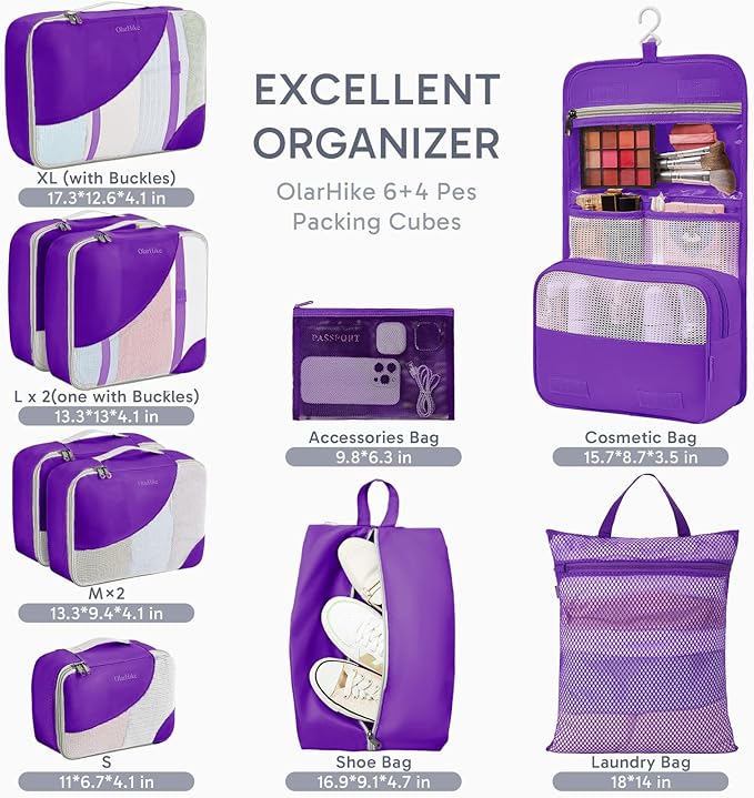 10 Set Packing Cubes for Travel, Gifts for Women Mom,Anti-Tearing Suitcase Organizer for Luggage with Shoe & Hanging Toiletry Bag,OlarHike Vacation Essentials & Accessories for Cruise Ship