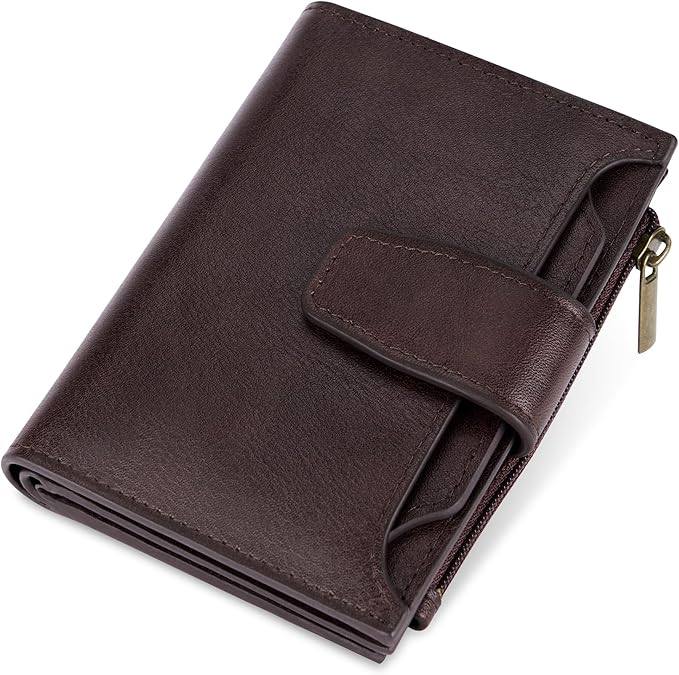 Airkit Small Wallet Women RFID Blocking Genuine Leather Bifold Compact Card Holder Wallet for Women with Zipper Coin Pocket 4 ID Window