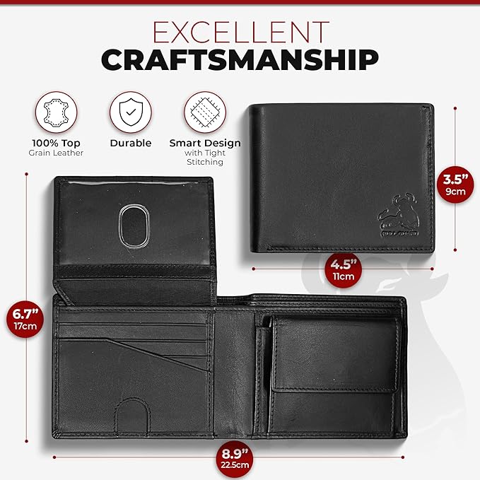 BULL GUARD Mens RFID Blocking Bifold Wallet Smooth Top Grain Leather Nappa Black, Secure and Durable Extra Capacity Billfold With 10 Credit Card Slots, Flip Up ID, Tight Stitching and Coin Pocket