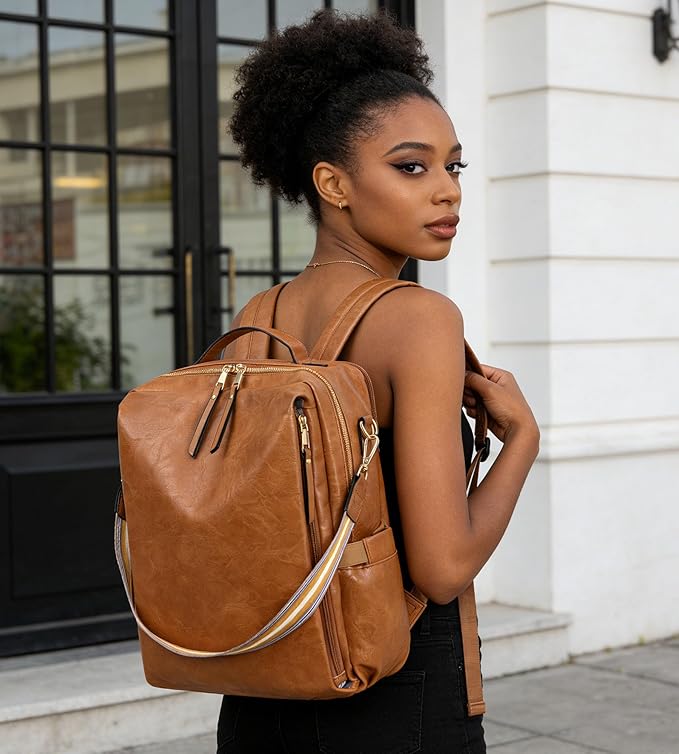myfriday PU Leather Large Backpack Purse for Women Casual Travel Backpack Convertible Satchel Handbags With Luggage Strap (Brown)