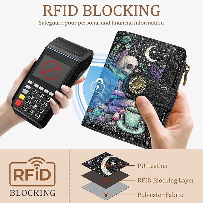Icycay Goth Gothic Skull Small Wallet Women RFID Blocking Bifold, Credit Card Holder, Zipper Coin Pocket, PU Leather, Funny Witchy, Compact, Travel, 4 ID Window 14 Card Slots, Cash Purse, Ladies Woman