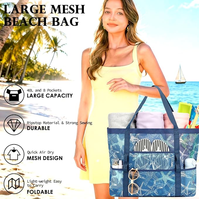 Fammart Mesh Beach Bag, Large Beach Tote with Zipper Pocket, Toys Pool Bag for Family Travel Vacation Cruise Essentials