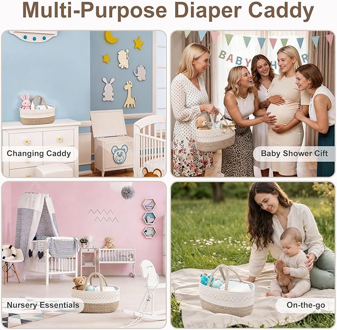 Baby Diaper Caddy Organizer, Portable Nursery Storage Basket with Changeable Compartments, 100% Cotton Woven Rope Baskets, Car & Changing Table Tote, Newborn Gift