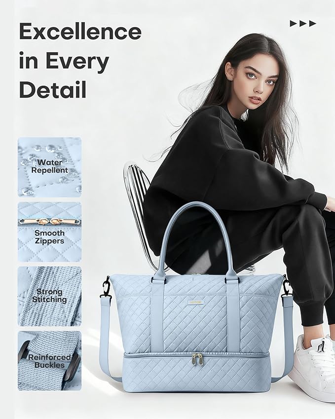 HOTOR Travel Duffel Bag - Weekender Bags for Women, Gym Tote Bags with Shoe Compartment, Carry On Overnight Bag with Toiletry Bag for Travel Essentials and Travel Accessories, Blue, 13.4"×17.3"×7.9"