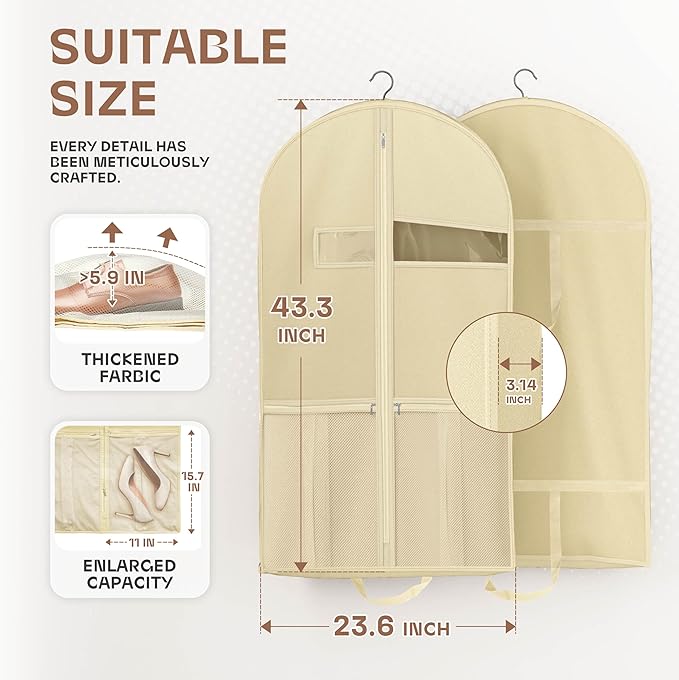 Lazebox 43" Travel Garment Bag with Accessories Zipper Pocket, Heavy Duty Suit Bag for Suits, Tuxedos, Dresses, Coats, Beige, 1 pack
