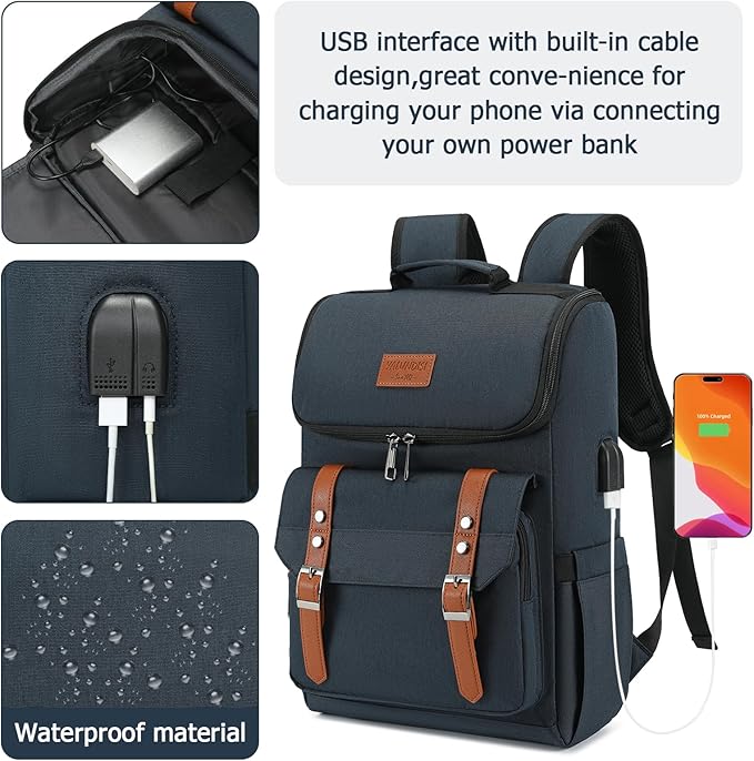 YALUNDISI Vintage Backpack Travel Laptop Backpack with usb Charging Port for Women & Men College Backpack Fits 15.6 Inch Laptop Blue Brown