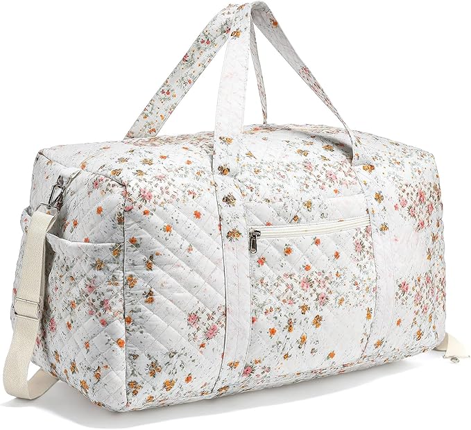 Large Quilted Travel Duffle Bag for Women Floral Portable Gym Weekender Bag with Zipper Pockets Workout Grocery Pouch Duffle Gift Pouch for Work(Light Colored Spliced Floral)