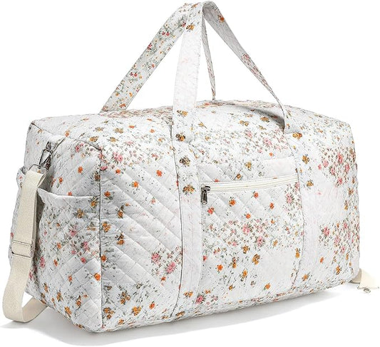 Large Quilted Travel Duffle Bag for Women Floral Portable Gym Weekender Bag with Zipper Pockets Workout Grocery Pouch Duffle Gift Pouch for Work(Light Colored Spliced Floral)