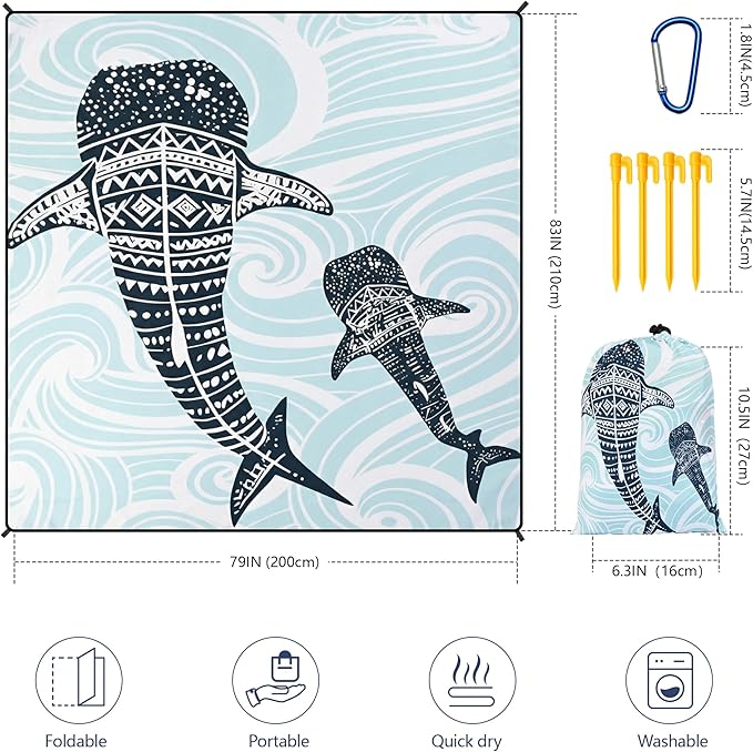 HIHOHO Beach Blanket Waterproof Sandproof Beach Mat 79”x 83” for 1-8 Adults Quick Drying Durable Outdoor Picnic Mat for Beach Festival Travel Camping Hiking (Whale, 79"×83"(4 Person))