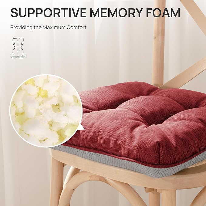 Love's cabin Memory Foam Chair Cushions Set of 4, 15.5"x15.5"x3.5" Indoor & Outdoor Seat Pads for Dining, Kitchen, Office, Patio Chairs - Burgundy