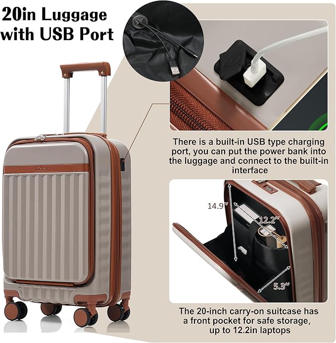 Hardshell Luggage, Lightweight Suitcase with Spinner Wheels, KHAKI+USB