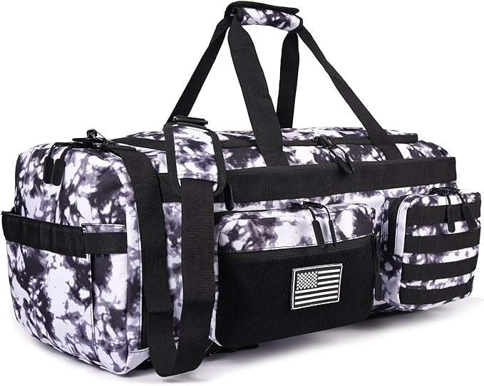 LHI 50L Tactical Duffle Bag for Men, 3-in-1 Gym Duffle and Backpack, Shoe Compartment, Laptop Sleeve and MOLLE, Carry-On Travel Weekender and Overnight Bag – Black and White
