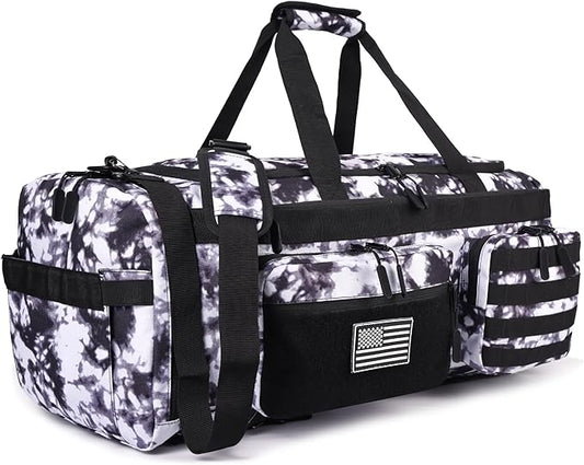 LHI 50L Tactical Duffle Bag for Men, 3-in-1 Gym Duffle and Backpack, Shoe Compartment, Laptop Sleeve and MOLLE, Carry-On Travel Weekender and Overnight Bag – Black and White