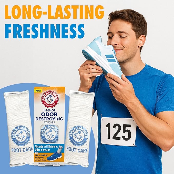 Arm & Hammer In-Shoe Odor Destroying Pouches, Shoe Deodorizer Insert for Reducing Odor and Absorbing Moisture, Smell Eliminator for All Footwear, Gym Bags and Work Boots (4 Pouches)
