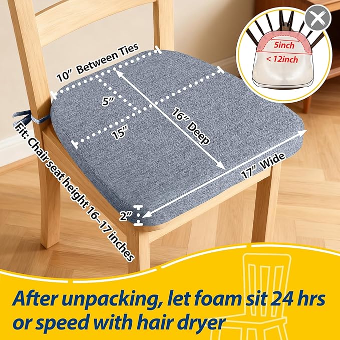 AAAAAcessories D-Shaped Chair Cushions, 2" Thick Dining Chair Pads with Ties and Removable, Machine-Washable Cover, 17" x 16", Set of 4, Light Blue
