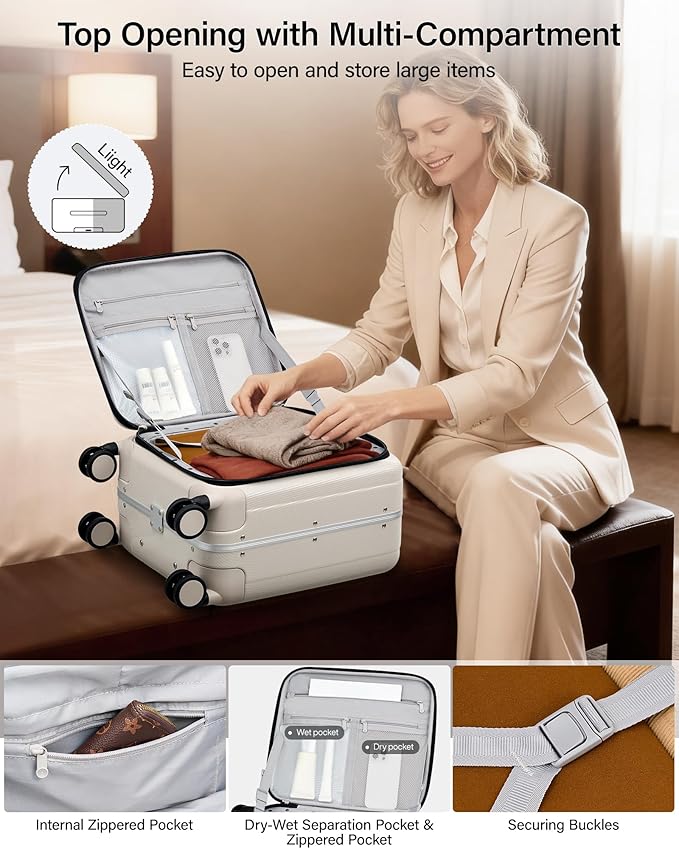 Hanke 16 Inch Underseat Carry On Luggage with Wheels,Small Hard Shell Suitcases for Weekender,Top Opening Lightweight Travel Luggage Suitcase for Womem Men,Ivory White.