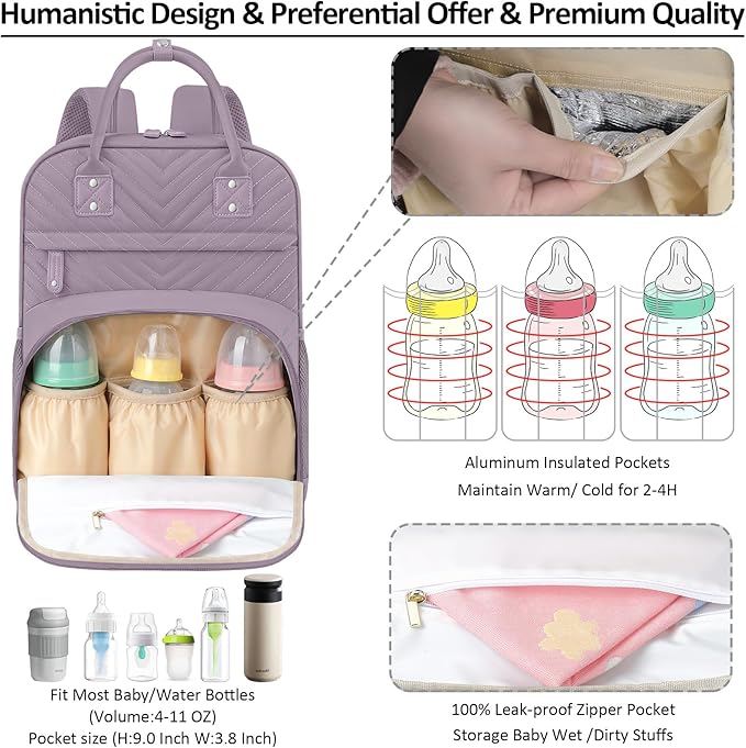 Tenot Diaper Bag Backpack for Women Large Capacity with Insulated Pockets Multifunctional Diaper Bags For Baby Girl Boy Waterproof Baby Bags For Mama Maternity Travel Bag Purple