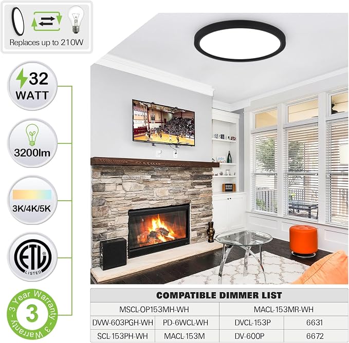 hykolity 18 Inch LED Round Flat Panel Light,32W,3200LM,3CCT | 3000K/4000K/5000K CCT Selectable,120°Beam Angle, Dimmable Edge-Lit Flush Mount Ceiling Light Fixture - ETL Listed,Black