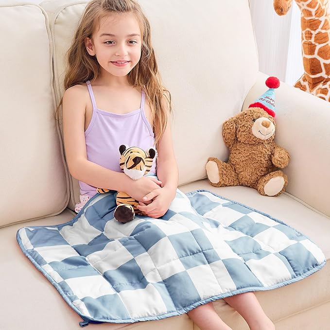 yescool Blue Checkered Weighted Lap Pad 2 Pounds Cooling Weighted Lap Blanket, Plaid Small Weighted Blanket, Weighted Throw Blankets Gifts for Travel Indoor Outdoor, 20"x30"