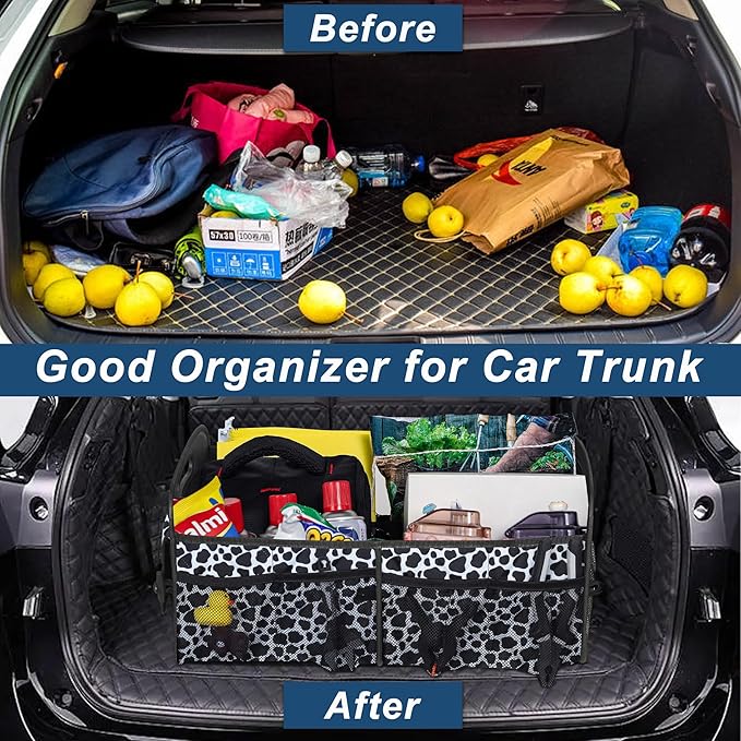 Deosk Car Organizer for SUV - 6 Big Pocket Trunk Storage With Waterproof Polyester, Car Accessories for Women/Men, Cow Print (Medium)