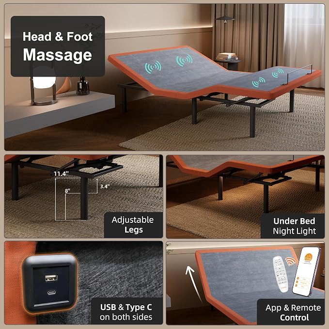 Split King Adjustable Bed Frame with Mattress - 14” Luxury Hybrid Mattress | Smart APP Contorl, Massage, Zero Gravity, Anti-Snore, 5 Minutes Installation, Head and Foot Incline, Medium Soft, Split King