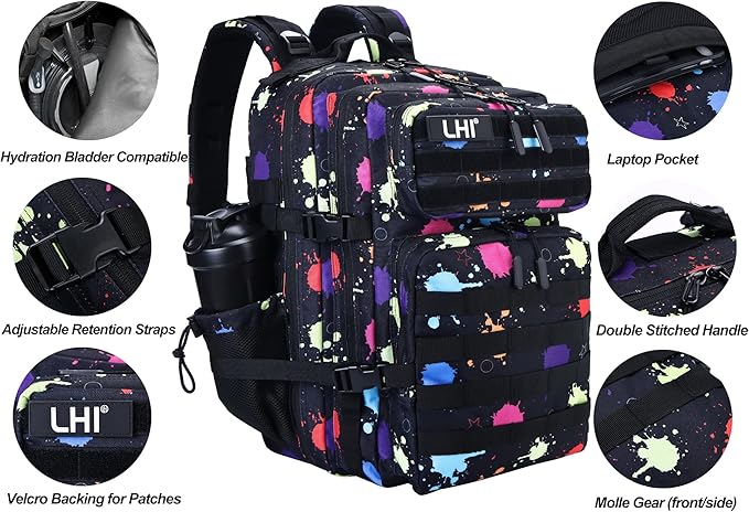 LHI Military Tactical Backpack for Men and Women 45L Army 3 Days Assault Pack Bag Large Rucksack with Molle System - Fluorescent Tie Dye