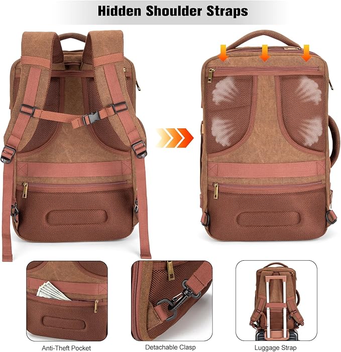 Tzowla 40L Canvas Expandable Travel Laptop Backpack for Men Women Carry on Flight Approved,Large Capacity Anti Theft Backpacks,Vintage Personal Item Bag Fit 17.3" Laptop(Brown & Khaki)
