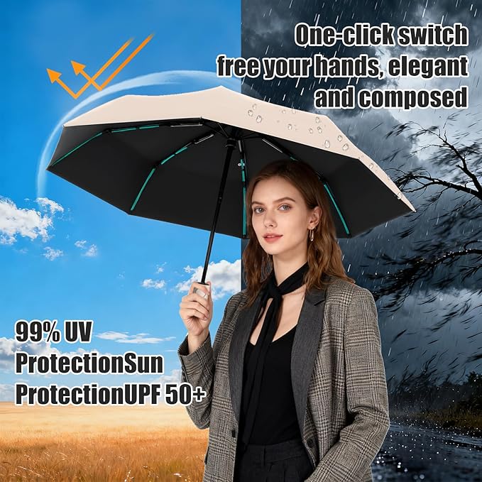 Compact Automatic Folding Travel Umbrella-Windproof Rainproof, PF50+ Sun Protection for Hiking,Outdoor,Chool,Golf Course & Daily Use,Sturdy Multi-Ribbed Frame