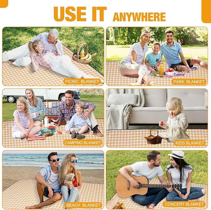 G GOOD GAIN Picnic Blankets Outdoor Extra Large - 80"x80" Portable Waterproof Picnic Blanket, Machine Washable 3-Layer Foldable Park Mat with Sandproof Backing for Grass, Hiking, Travel (Yellow)
