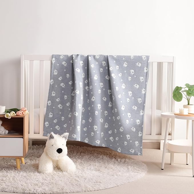 NTBAY 3 Layer Oversized Muslin Cotton Toddler Blanket, Jacquard Reversible Nursery Bed Blanket, Super Soft and Thermal for All Seasons, Baby Gift, 45"x60", Blue Elephant