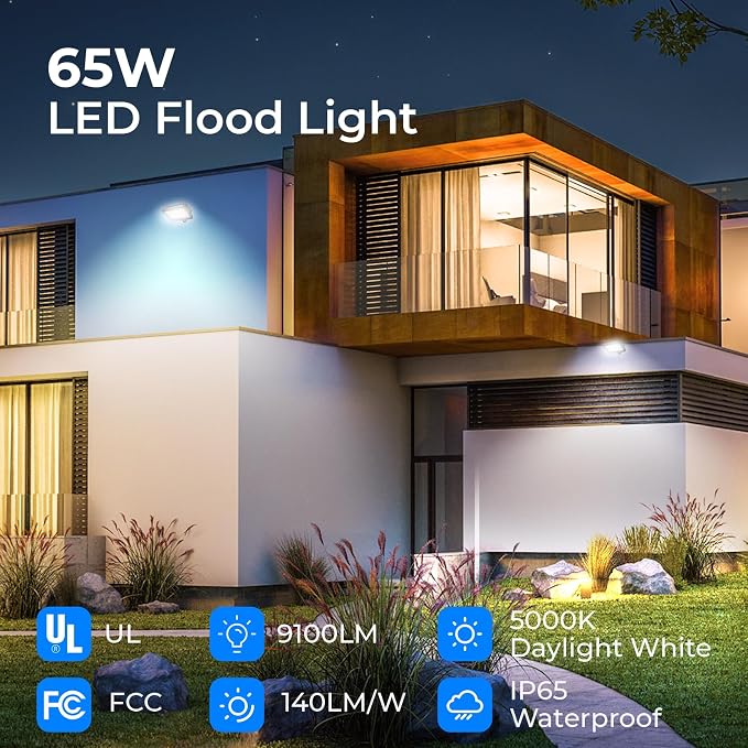 CINOTON 65W 9100LM LED Flood Lights Outdoor, 5000K, UL Listed, 4 Pack | IP65 Waterproof Exterior Security Wall Lighting with 180°Knuckle, 120V Outside Aluminum Fixture for Patio Porch Barn Garden