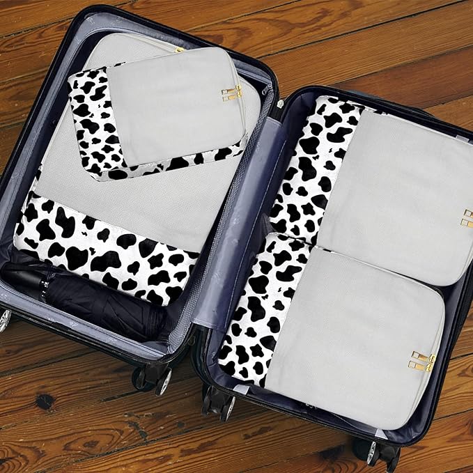 4 Set Packing Cubes Travel Luggage Organizers Compression cubes for Suitcase Travel Accessories for Women Girls Aesthetic Cute-Black White Cow Pattern