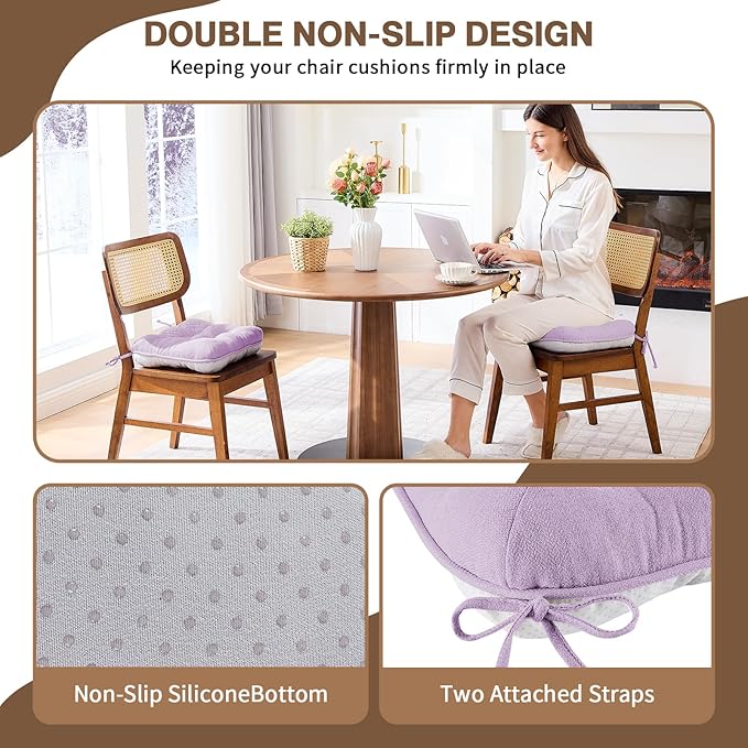 BETU Chair Cushions for Dining Chairs Set of 6,3.5" Thick Kitchen Table Chair Pads with Ties,Non Slip Backing and Covers, Seat Cushion for Dining Room,Bar,Patio Chairs,16"X16"X3.5",Purple
