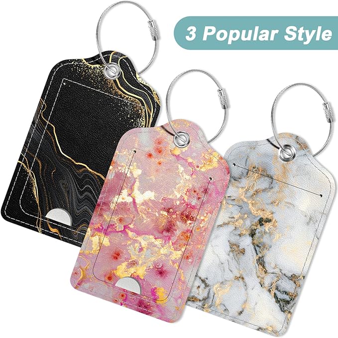 Rimilak 3 Pcs PU Leather Luggage Tags for Suitcase, Travel Cruise Luggage Tag with Privacy Flap, Name ID Label and Metal Loop for Women Men Baggage Handbag School Bag Backpack, Gold Marble