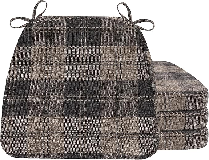AAAAAcessories D-Shaped Chair Cushions, 2" Thick Dining Chair Pads with Ties and Removable, Machine-Washable Cover, 17" x 16", Set of 4, Brown Checkered