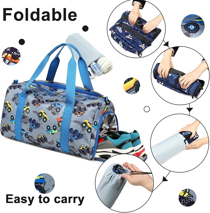BTOOP Duffle Bag for Girls Kids Gym Sports Women Workout Travel Bag Weekender with Shoe Compartment and Wet Pocket (Truck-Blue)