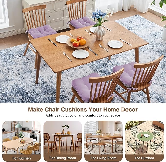 BETU Chair Cushions for Dining Chairs Set of 4,3.5" Thick Kitchen Table Chair Pads with Ties,Non Slip Backing and Covers, Seat Cushion for Dining Room,Bar,Patio Chairs,16"X16"X3.5",Purple