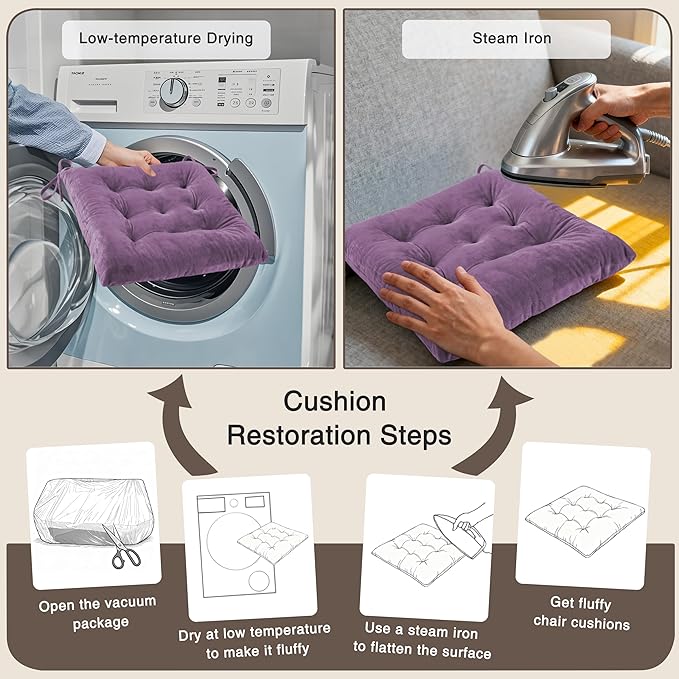 OVOV 4 Pack Chair Cushions for Dining Chairs Soft Seat Cushions for Kitchen Desk Chairs Square Chair Pads with Ties (15.5"x15.5" Purple)