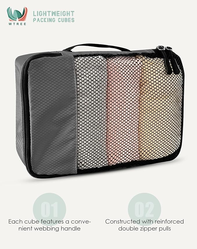 4-Piece Packing Cubes Travel Accessories Set for Suitcases - Luggage Organizer Bags with Double Zipper - Mesh Top - Small - Dark Grey