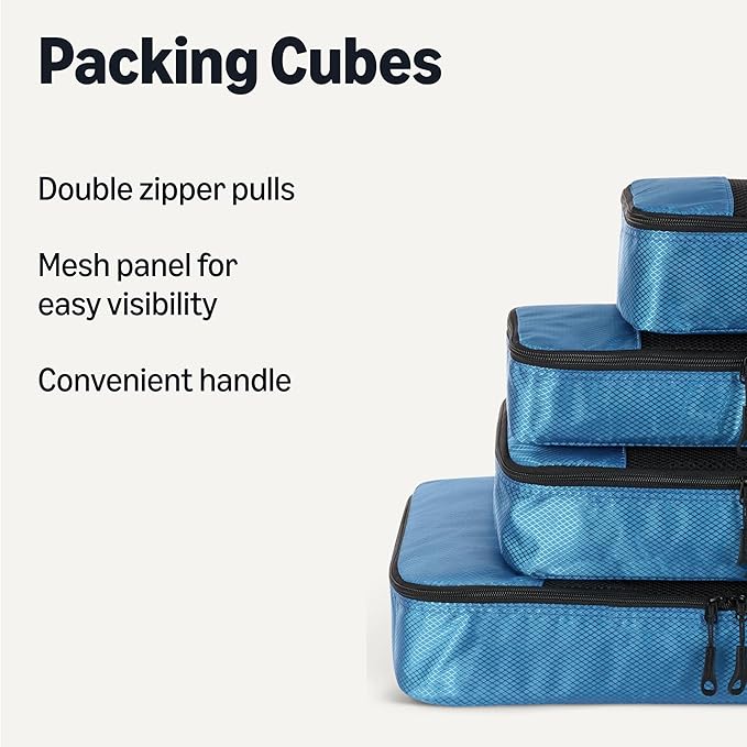 Amazon Essentials 4-Piece Packing Cubes Travel Accessories Set, Luggage Organizer with Double Zipper, Mesh Top, 100% Polyester, Small/Medium/Large/Slim, Sky Blue (Previously Amazon Basics)