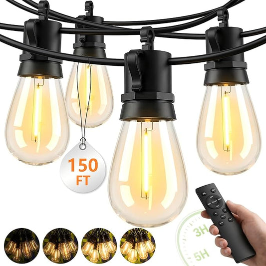 Outdoor String Lights Patio Light - 150Ft Outside Waterproof Dimmable Bulbs | S14 LED Remote Porch Light, Shatterproof Edison Bulbs Hanging Connectable Lighting for Gazebo Backyard Bistro Pergola, Timer