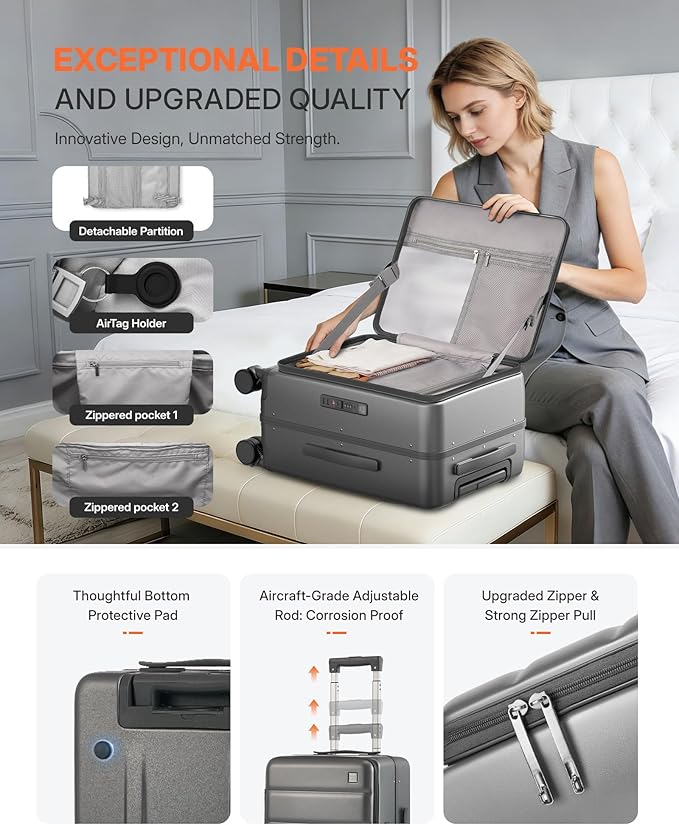 20IN Carry On Luggage,Top Opening Aluminum Frame Hardside 100% PC Airline Approved Suitcase -with TSA Lock,Cup Holder,USB Charge,Side Pothook, 360°Spinner Wheels-Grey